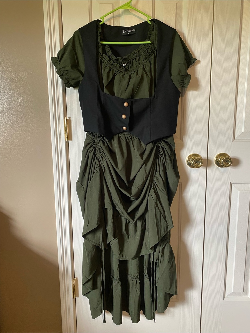 Olive Green Tiered Peasant Dress Halloween Costume with Black Vest Size Large